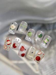 1个红色可爱苹果果冻多汁水果核切片网袋逼真5D美甲贴纸自粘按压式美甲贴，适合女性水果主题美甲装饰，日常派对娱乐