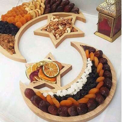 1pc Wooden Tray With Moon & Star Pattern, Suitable For Home Gatherings, Celebrations And Tabletop Decor. Can Hold Fruits, Desserts And Plates, Also Can Be Used As Festival Decoration. (Happy Festival, May Grant You Peace)