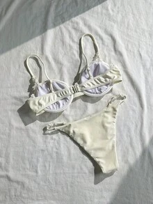 Conjunto de Maiô Bikini com Top Sem Costas Ajustável com Alça Lateral e Calcinha Fio Dental, Roupa de Banho para Praia e Férias de Verão