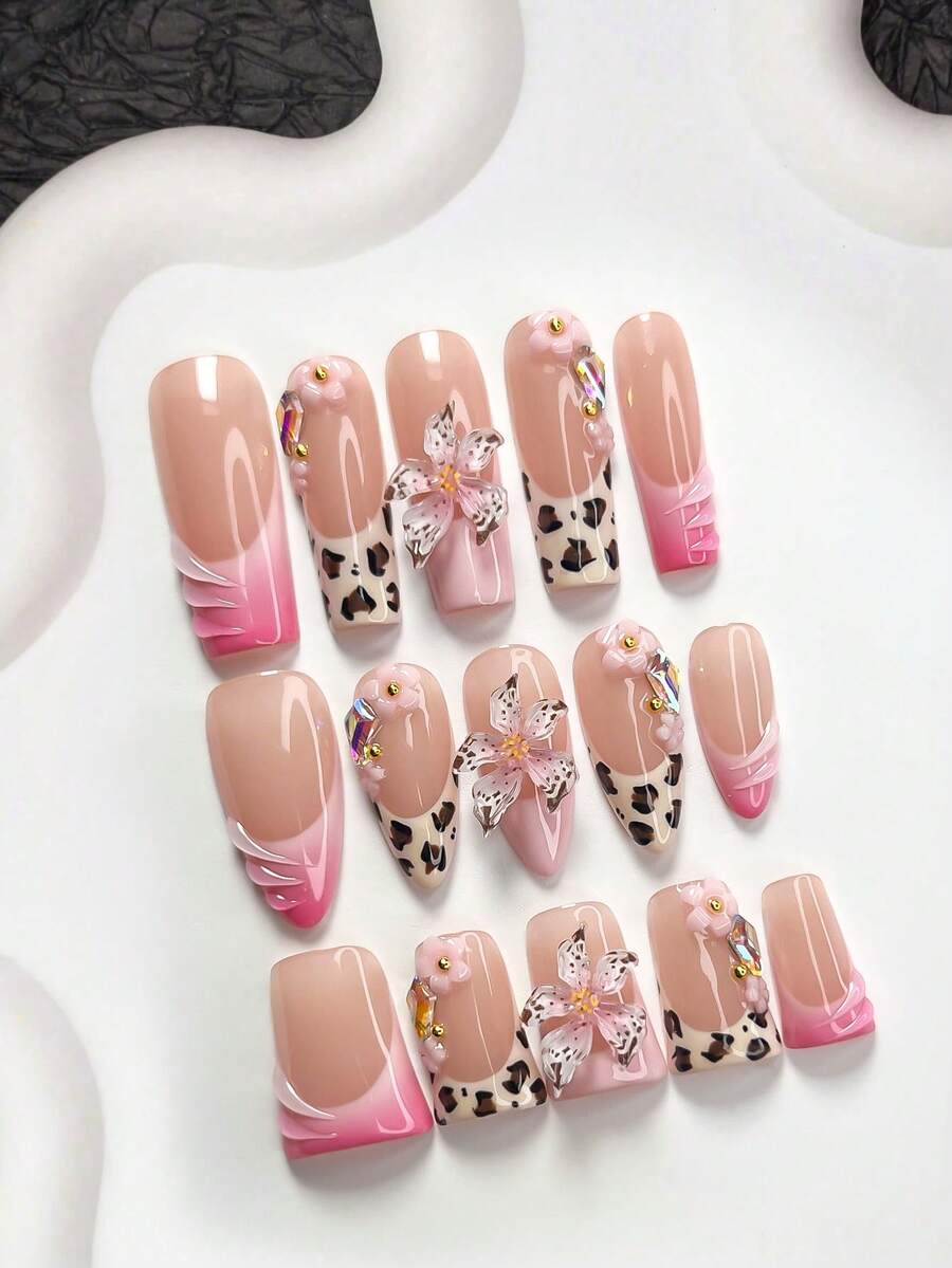 10 miếng dán móng tay màu hồng, bộ dụng cụ làm móng nghệ thuật kiểu Pháp giọt nước thủ công, trang trí móng tay họa tiết da báo vẽ tay, hoa 5 cánh, phụ kiện móng tay đính đá nhiều màu sắc, bộ dụng cụ làm móng gel, 3 kích cỡ: hình hạnh nhân, hình mỏ vịt, hình quan tài, bao gồm bộ dụng cụ, phù hợp cho phụ nữ và bé gái, thích hợp cho đám cưới, tiệc tùng, làm móng hàng ngày, dụng cụ làm móng thủ công, móng giả dán. - Nhiều màu - Xem 1