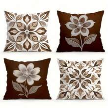 4pcs Vintage Brown & White Floral Geometric Throw Pillow Covers, Modern Decorative Sofa Cushion Covers, Single-Sided Print, Pillow Inserts Not Included - Coffee Brown - View 9
