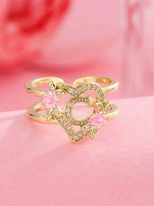 1 pieza Anillo con inicial de flor en tono dorado A-Z con corazón de circonita cúbica, anillo abierto ajustable para mujeres, joyería de regalo de cumpleaños personalizada - Amarillo Oro - Ver 5