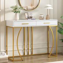 Console Table, Hallway Table With 2 Drawers, Lightweight Luxury Style Side Table, Sofa Table, 120x38x76 Cm, White/Gold - White - View 2