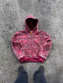 Women's Retro Washed Zip-Up Hoodie 2026 Autumn New Street Style Floral Zip-Up Jacket - Đỏ - Xem 3