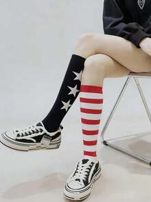 1双红色条纹中筒袜，个性化AB袜，韩版时尚显瘦过膝袜，春夏中筒袜；1双美式运动不对称星形条纹过膝袜，女士时尚休闲四季袜 - 彩色 - 查看 5