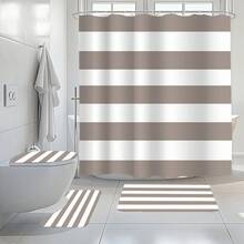 1pc/3pcs/4pcs Minimalist Striped Shower Curtain Set, Toilet Seat Cushion Floor Mat Set, Retro Color Minimalist Striped Printed Shower Curtain, Very Suitable For Bathroom Decoration, Universal Room Decoration, Home Decoration Set, Bathroom Accessories Bathtub Curtain, Toilet Seat Cushion Shower Curtain Set