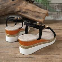 Women's Fashion 2026 Summer Vacation Style Black Beaded Linen Rope Sole 5.5CM Slip-On Sandals, Women's Retro Wedge Thick Bottom Bohemian Woven Slip-On Sandals - Black - View 11