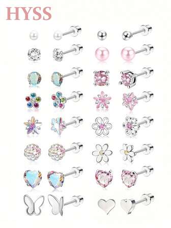 16 Pairs Screw Back Earrings For Women 316L Stainless Steel Tiny Pearl Butterfly Ball Stud Earrings Cute Multicolored Flower Star Heart Cat Flat Back Stud Earrings