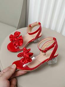 1 Pair New Children's Sandals, Fashionable High Heel Sandals, Pretty Girl's Choice, Rhinestone Bow Tie Sandals, Bohemian Style, Perfect Princess Sandals Design, Red High Heel Dance Sandals, High School & College Student Sandals - Red - View 6