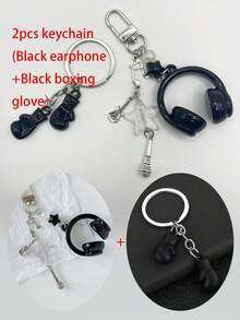 音乐耳机钥匙扣，配有吉他和麦克风吊坠，可作为包包/背包装饰，可爱Y2K风格，是节日、开学、圣诞节、万圣节送给音乐爱好者的理想礼物，也适合送给老师、朋友、姐妹。