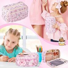 Estuche para Lpices de Capacidad con 9 Compartimentos, Estuche Papelera con Kawaii Patrn Animado, Bolsa de Lapicera Bolgrafos Cremallera de Gran Apertura para la Escuela, Oficina - Rosa claro - Ver 7