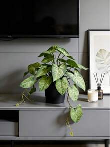 18cm Tall Artificial Taro Mini Green Plant Potted, Suitable For Home, Office, Living Room Table, Indoor Window Display Decor, No Maintenance Required! - Olive Green - View 5