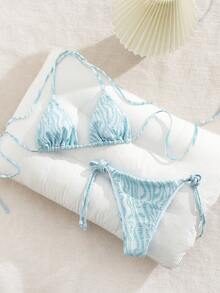 女士时尚浅蓝色竖条纹斑马纹，杯型褶皱设计简约挂脖三角杯系带比基尼泳装 - 淺藍色 - 查看 3