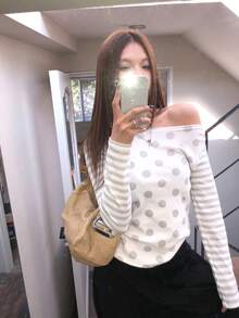 Polka Dot & Striped Print Long Sleeve Fitted T-Shirt For Women - White - View 3
