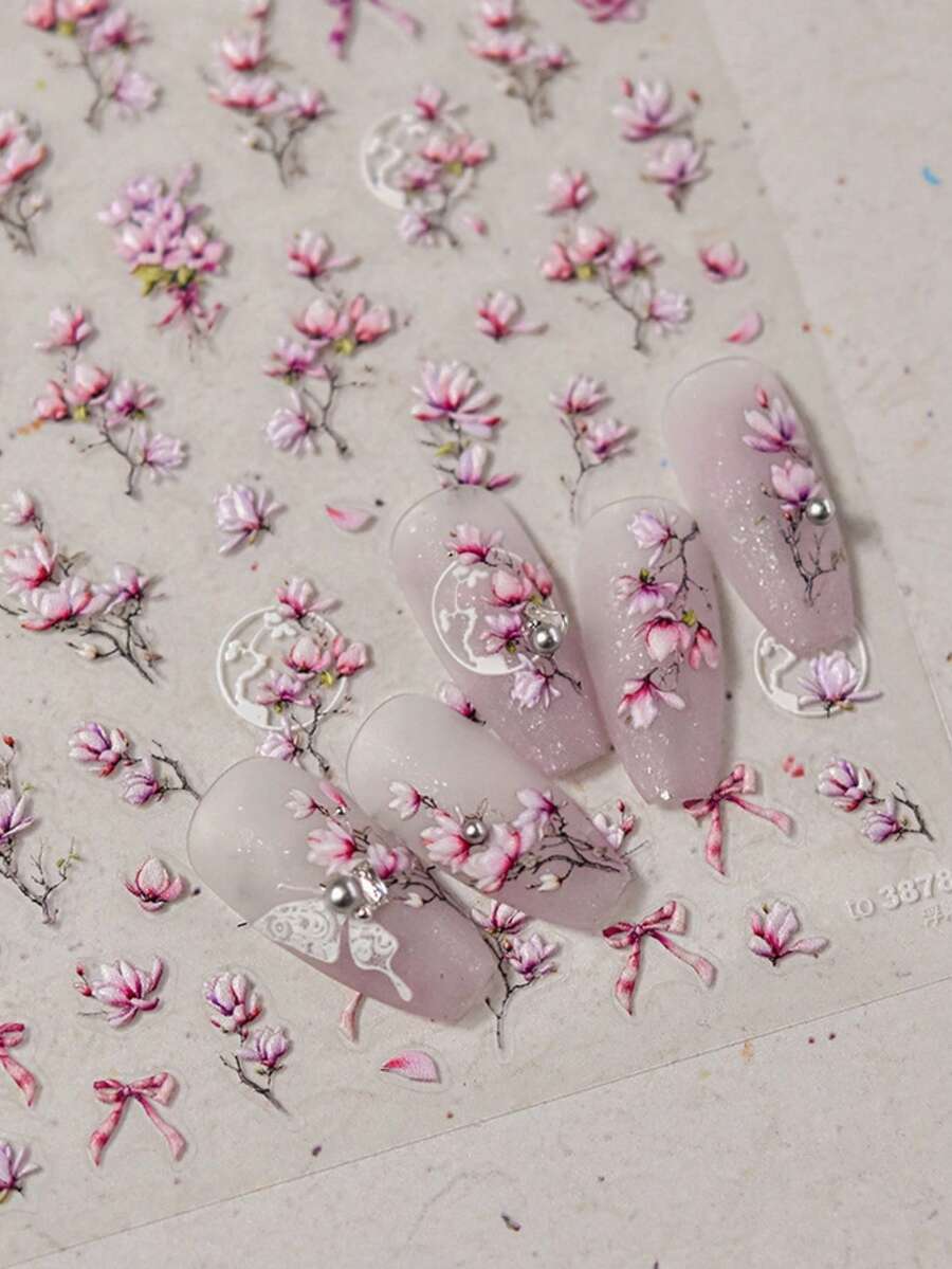 1片迷人粉色玉兰花浮雕花瓣美甲贴纸，5D美甲优雅自然自粘花卉美甲贴，适合女士精致DIY美甲贴纸 - 彩色 - 查看 1