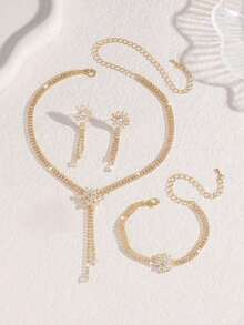 Wedding Jewelry Set For The Bride, Suitable For Women: Necklace, Earrings, Bracelet, Women's Jewelry Set. Retro Floral Crystal Earrings, Necklace, Glittery Diamond-Encrusted Necklace, Ear Pendants, Bohemian Crystal Floral Collar, Bridesmaid Accessories, Formal Attire For Formal Events And Parties. - Gold - View 9