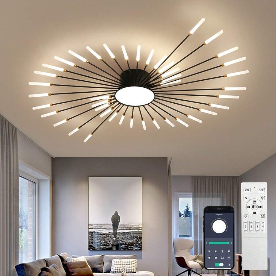 Elegante lámpara de techo moderna con 42 luces y pétalos de fuegos artificiales: diseño mejorado para un ambiente deslumbrante en la sala de estar y el dormitorio - Negro - Ver 1