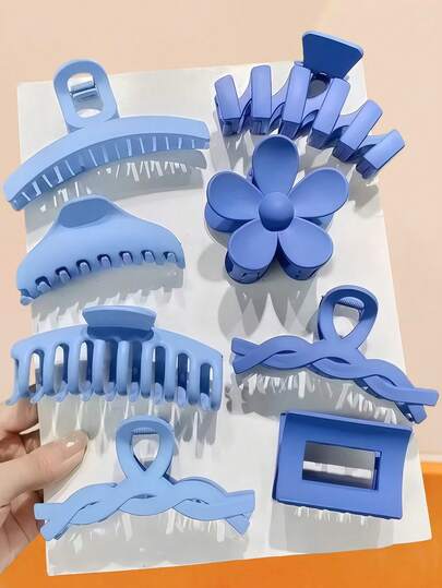 8件套克莱因蓝色发夹组合，包含花朵、蝴蝶、简约几何造型，渐变和纯粉色系，精致迷人，轻松打造甜美发型 - 适合女孩和女士，日常造型必备，四季皆宜的爪夹，冬季发饰，冬季发夹，花朵发夹