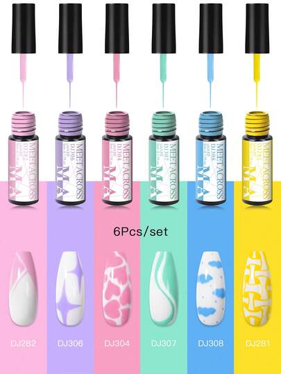 MEET ACROSS 6pcs Macaron Color Nail Liner Gel Nail Polish Set Candy Color Semi Permanent UV Gel Varnish For DIY Painting Drawing French Tip Liner Swirl Nail Design Manicure Nail Art Liner Gel Brushed Glue For Home And Salon Nail Supplies Nails