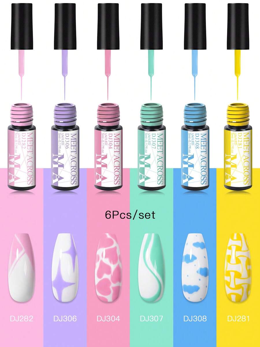 MEET ACROSS 6pcs Macaron Color Nail Liner Gel Nail Polish Set Candy Color Semi Permanent UV Gel Varnish For DIY Painting Drawing French Tip Liner Swirl Nail Design Manicure Nail Art Liner Gel Brushed Glue For Home And Salon Nail Supplies Nails - 彩色 - 查看 1