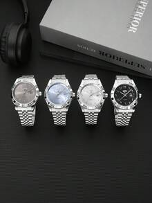 RICECGO 男士经典石英表，圆形表盘，双日期显示，不锈钢表带，适合日常佩戴，也是理想的生日礼物和商务着装之选。