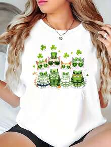 Día de San Patricio Mujer Gatos con Sombrero y Tréboles Impresión Camiseta Negra para Fiesta - Blanco - Ver 1