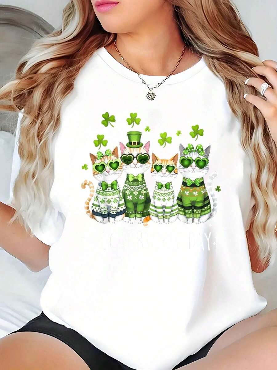 Día de San Patricio Mujer Gatos con Sombrero y Tréboles Impresión Camiseta Negra para Fiesta - Blanco - Ver 1