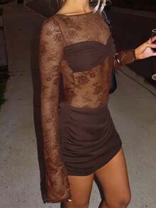 Onicee Women's Summer Solid Color Dress, Fashionable Lace Sexy Sheer Backless Bodycon Dress, Suitable For Valentine's Day, Mother's Day, Graduation, Dates, Gatherings, Balls, Parties, Travel, Vacation, Beach And Other Occasions - Brown - View 5