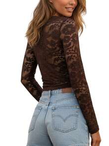 Women Lace Long Sleeve Shirt Top Y2K Square Neck Sheer Mesh See Through Silm Fit T Shirts Crop Tops Spring Fall  Going Out Tops Daily Party Club Streetwear - Cà phê nâu - Xem 3
