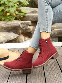 New Fashionable Minimalist Mid-Calf/Ankle Boots With Side Zipper, Chunky Heel, Retro British Style, Versatile - Red - View 1
