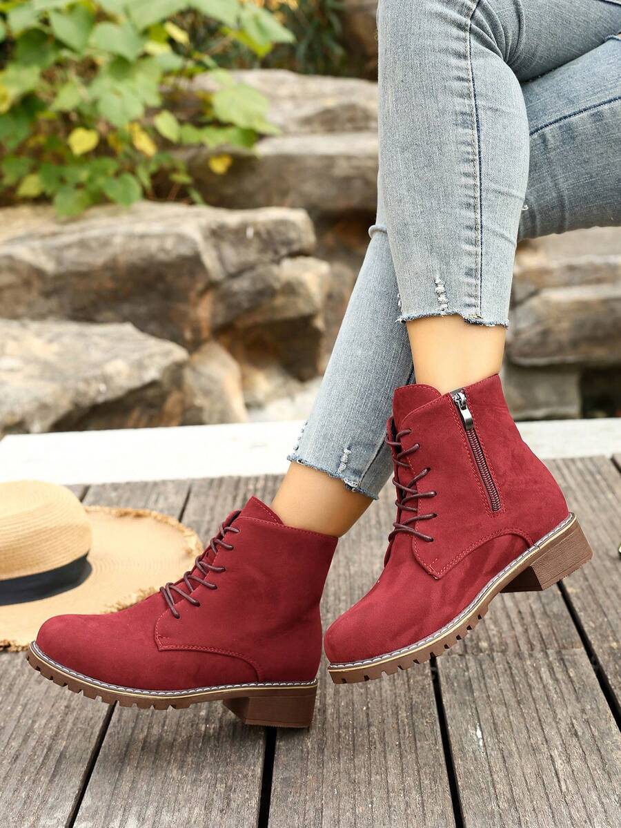 New Fashionable Minimalist Mid-Calf/Ankle Boots With Side Zipper, Chunky Heel, Retro British Style, Versatile - Red - View 1