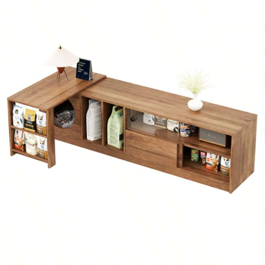 Mueble de TV giratorio moderno, multiusos y extensible, apto para mascotas, con puertas de cristal reforzado con acero, zona de descanso para gatos (sin cojín), color nogal, 180(+80)*40*50 cm - Color natural - Ver 1