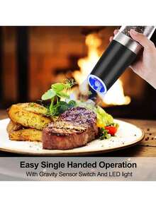 1件/2件套电动盐和胡椒研磨器，研磨粗细可调，电池供电，带LED灯，单手自动操作，不锈钢材质 - 彩色 - 查看 9