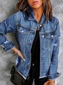 chamarra de mezclilla mujer Chamarra Denim Cazadoras Mezclilla Abrigos Vaqueros Azul Manga Larga Botones aplicaciones manga larga solapa bolsillos Chaqueta vaquera corta con dobladillo de manga larga para mujer - Azul claro - Ver 1