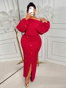 BIUBIU Đầm dự tiệc Giáng sinh & Năm mới cỡ lớn 2026 - Màu trơn, hở vai, tay dài, eo nhún, xẻ tà, dáng maxi ôm sát, thanh lịch mùa xuân - Đỏ - Xem 5