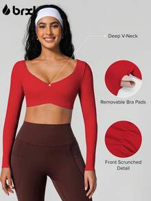 BRXL Long Sleeve Crop Tops For Women Built In Bra Padded Yoga Shirts Deep V Neck Buttery Soft Slim Fit Workout Pilates Gym - 紅色 - 查看 3