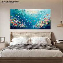 [2D Flat]1 Piece Large Frame Canvas Painting Art Print, Underwater Scene With Colorful Fish And Vibrant Water Flowers, Abstract Brushstrokes, Blue Ocean Background, High Quality Wall Art Printed Poster Can Be Hung Directly For Living Room - 多色 - 查看 6