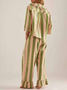 Women Striped 2 Piece Pajama Set Long Sleeve Button Down Shirt Christmas Pants Pj Sets Holiday Sleepwear - màu xanh lá - Xem 3