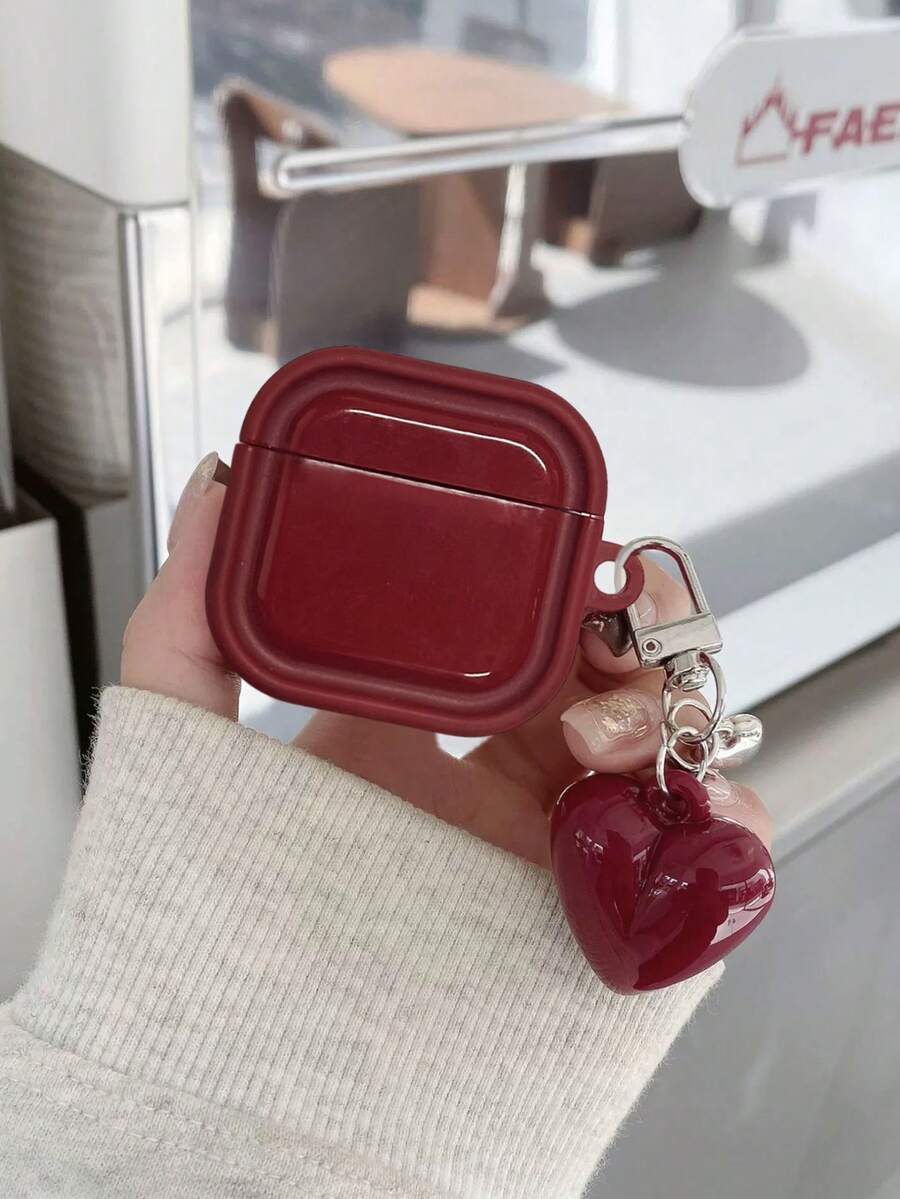 1pc Minimalist Wine Red + Heart Pendant TPU Earphone Protective Case, Suitable For AirPods Pro 3/4, Pro 2, Wireless Bluetooth 1/2 Earphone Case - Burgundy - View 1