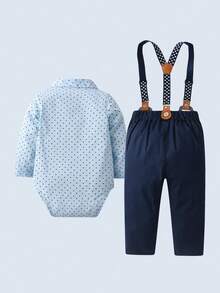 BOARNSEORL 3pcs Baby Boys Gentleman Outfit - Blue Long Sleeve Polka Dot Shirt With Bowknot, Overalls With Suspenders, And Hat, Fashionable And Dapper For Birthday Party, Wedding, Christening