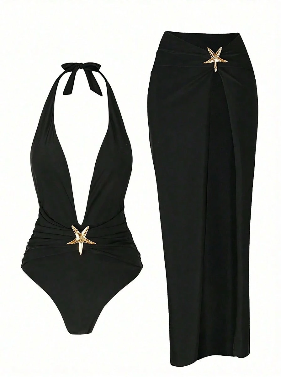 夏季沙滩泳装两件套，海星连体泳衣搭配高开衩长裙，优雅时尚