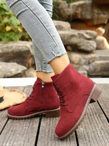 New Fashionable Minimalist Mid-Calf/Ankle Boots With Side Zipper, Chunky Heel, Retro British Style, Versatile - Red - View 3