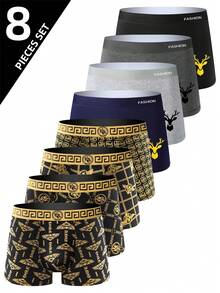 8pcs Men's Luxury Black & Gold Printed Waist Briefs, Breathable & Comfortable Boxer Shorts, Elastic Sports Underwear, Casual & Durable Men's Daily Wear - Multicolor - View 1