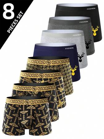 8 piezas de calzoncillos de cintura negros y dorados con estampado de lujo para hombres, calzoncillos tipo bóxer transpirables y cómodos, ropa interior elástica para deportes, uso diario casual y duradero para hombres