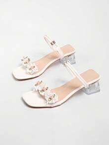 新款夏季两穿式绑带高跟凉鞋，花卉粗跟透明凉鞋 - 米色 - 查看 4