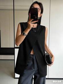 Women's Casual And Business Tank Top With Boat Neck, Split Hem, And Solid Color - Black - View 2