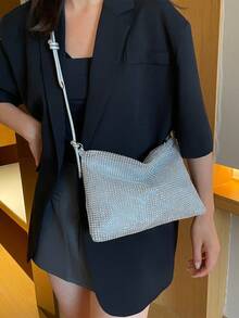 Fashionable Rhinestone Embellished Large Capacity Crossbody Bag, Gold Color Clutch Purse, Rhinestone Gold Wallet For Wedding Women's Sparkling Rhinestone Decorated Clutch Purse, Knotted Handle Handbag Shiny Rhinestone Hobo Dumpling Bag, Sparkling Rhinestone Evening Clutch Purse Rhinestone Purse Sparkly Evening Bag, Silver Clutch Purses For Women Evening, Cross Body Handbags For Party Prom Club Wedding - Silver - View 10