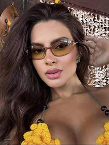 1pc 2025 New Oval Frameless Y2K Fashion Fashion Glasses, Retro Chic High-End Design Women Glasses - Gold Frame Double Tea - View 2