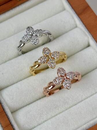 1 pieza Anillo de flor con zirconia elegante y con brillo, anillo de flor ajustable de lujo y ligero para uso diario