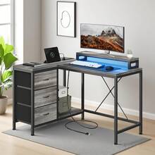 Estación de Trabajo Ergonómica Moderna en Forma de L | Mesa Esquinera para Oficina en Casa con Tomas de Corriente, Luces LED, Cajones y Estantes - Gris - Ver 3